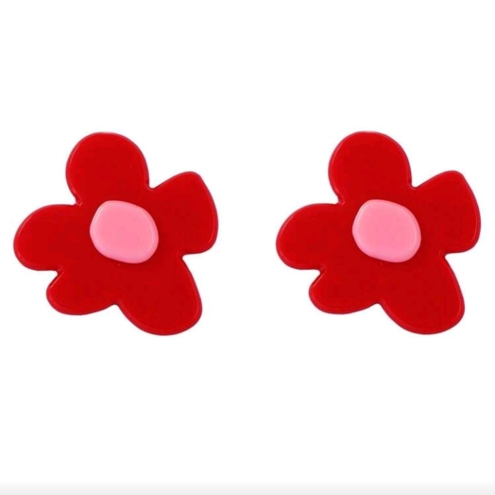 NEW! ZARA Statement Huge Red and Pink Flower Post Earrings - Picture 3 of 5